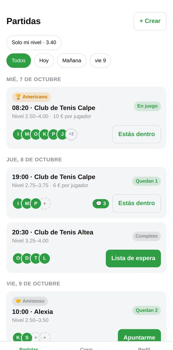 Lista de partidos abiertos en Por4 con nivel y plazas libres
